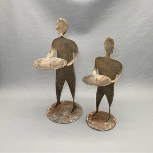 Wrought Iron Figurine Candle Holders Pair Rustic Metal Decor 12.5” x 10.5”